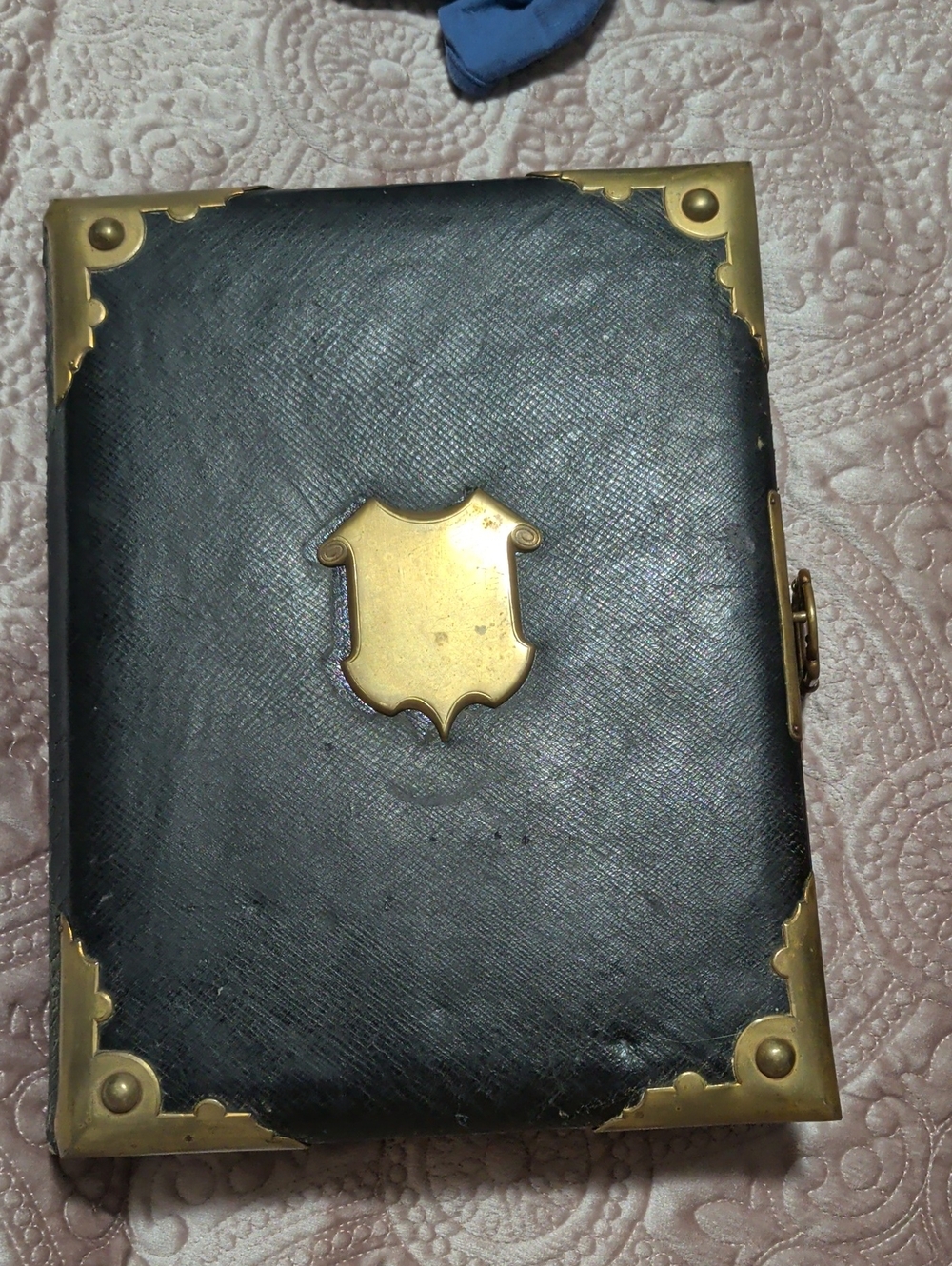 Antique Victorian Black Large Leather Photo Album With Brass Bindings.